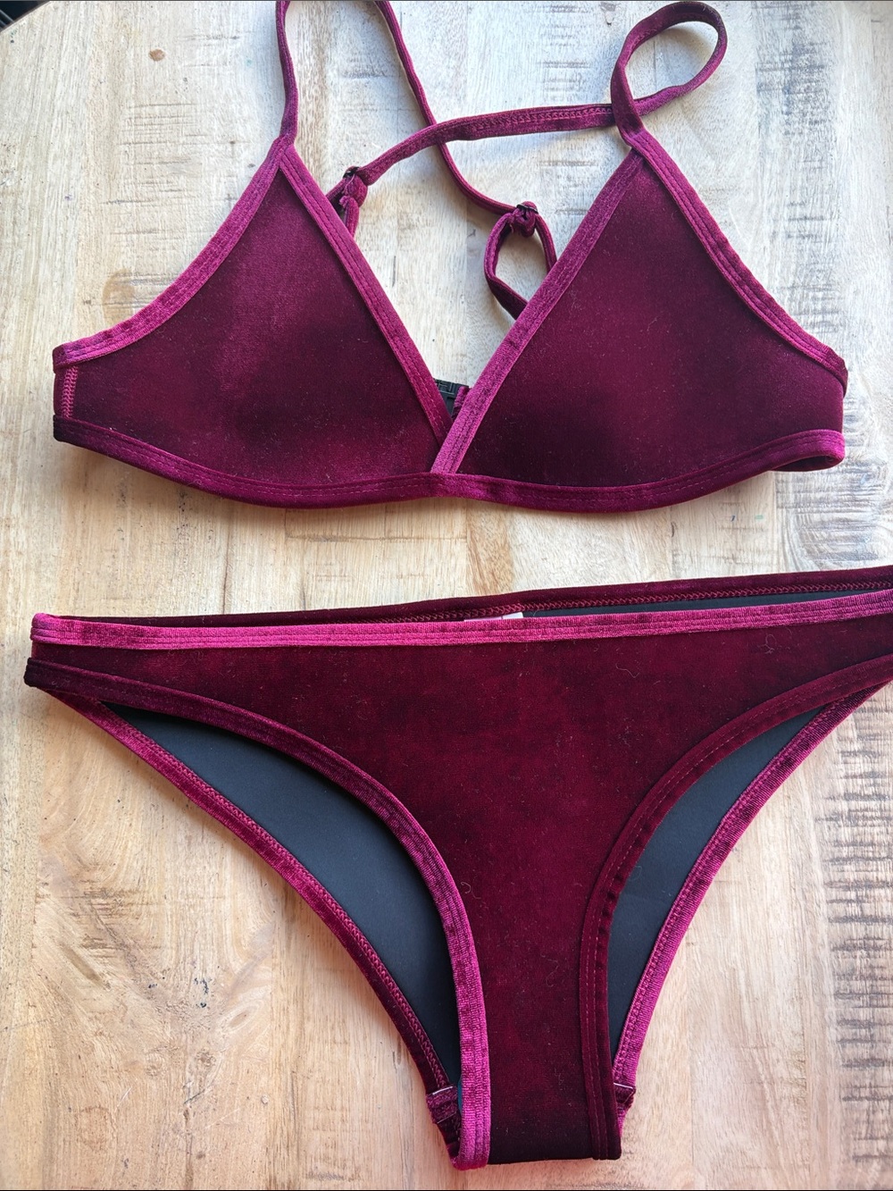Hoaka Swimwear Plush Velvet Triangle Bikini Set in Wine burgundy